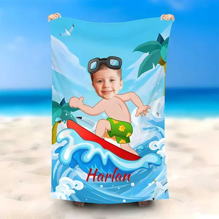 Personalized Beach Towel Customized Name & Photo Bath Towel Blanket Summer Gift for Kids