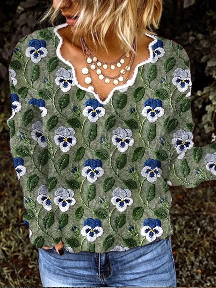 Women's Floral Graphic Print Cashmere V-Neck Top
