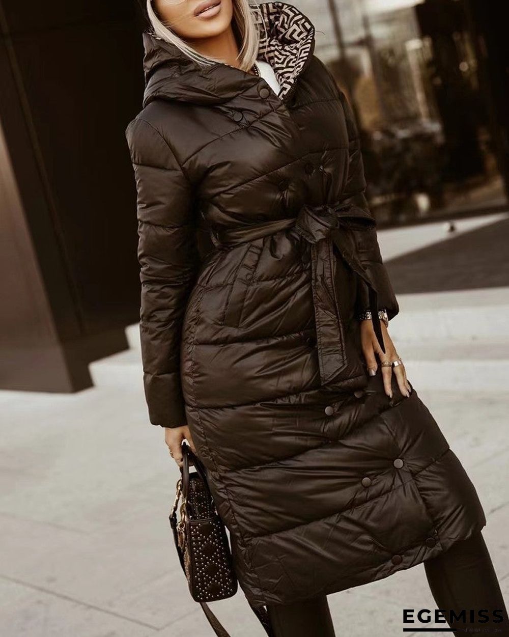 Long Sleeve Buttoned Puffer Coat With Belt | EGEMISS
