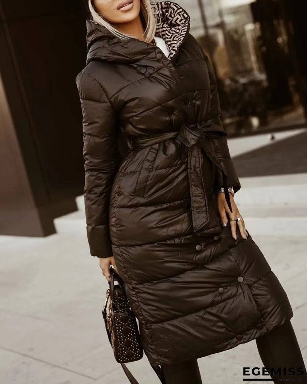 Long Sleeve Buttoned Puffer Coat With Belt | EGEMISS