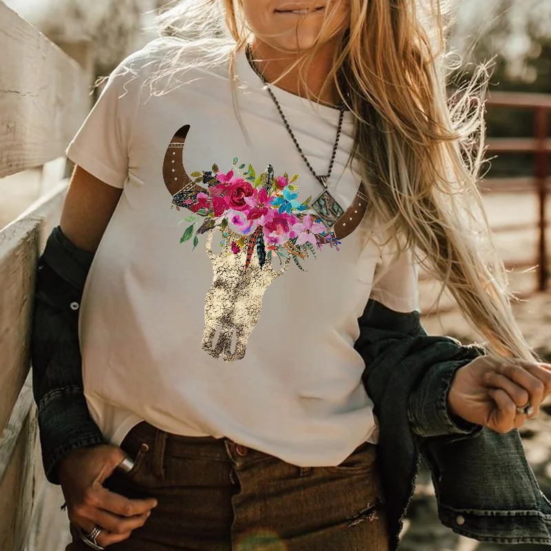 Flower And Cow Skull Printed Women's T-shirt