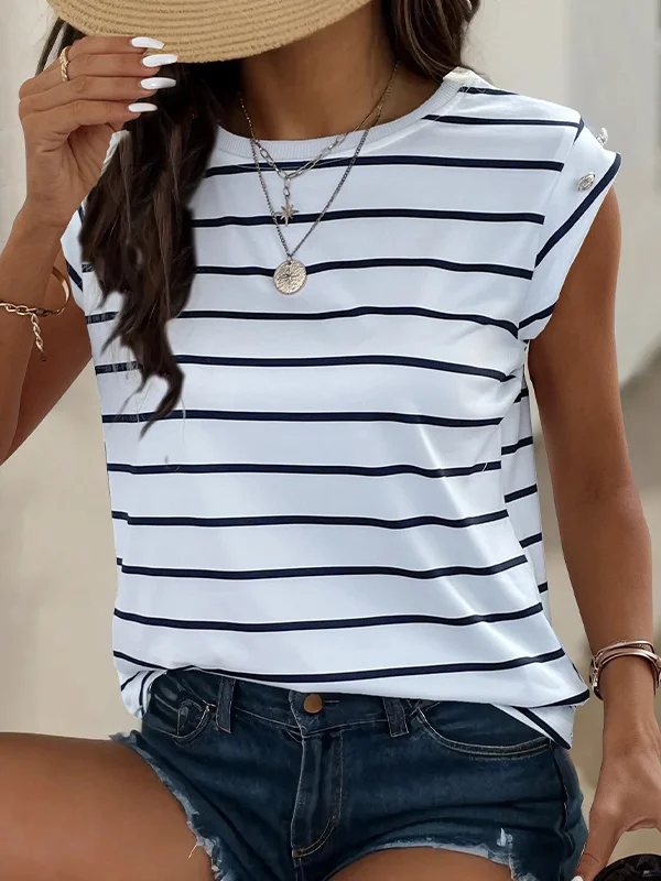 Loose Short Sleeves Split-Joint Striped Round-Neck T-Shirts