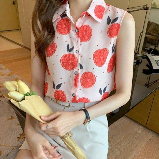 Women summer casual chiffon sleeveless shirts Fruit orange pattern print pink colour Polo-neck loose blouse chiffon tops - Shop Trendy Women's Fashion | TeeYours