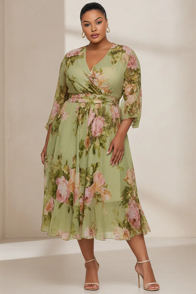Xpluswear Design Plus Size Business Casual Sage Green Floral Wrap Neck 3/4 Sleeve Chiffon Midi Dresses [Pre-Order] 2024 - Xpluswear