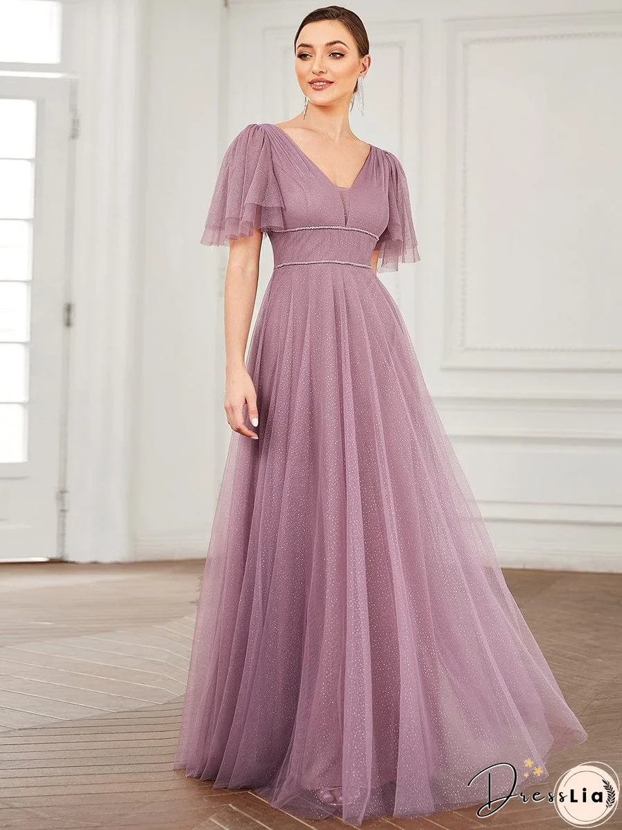 Elegant Golden Stamped Ruffle Sleeve Evening Gown