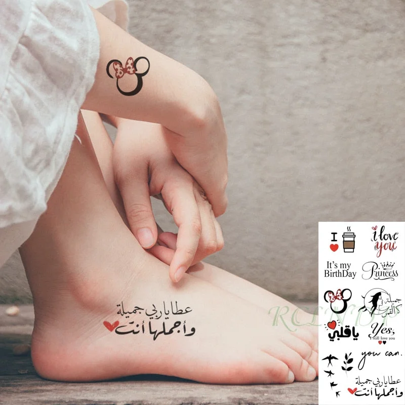Waterproof Temporary Tattoo Sticker Cute Love Bird Leaf Crow Arabic Script Fake Tatto Flash Hand Arm Art Tatoo for Women Men