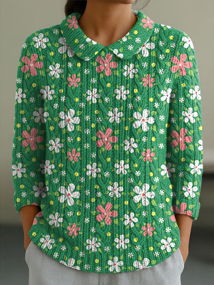 Women's Flowers Abstract Casual Print Peter Pan Collar 3/4 Sleeve Sweater