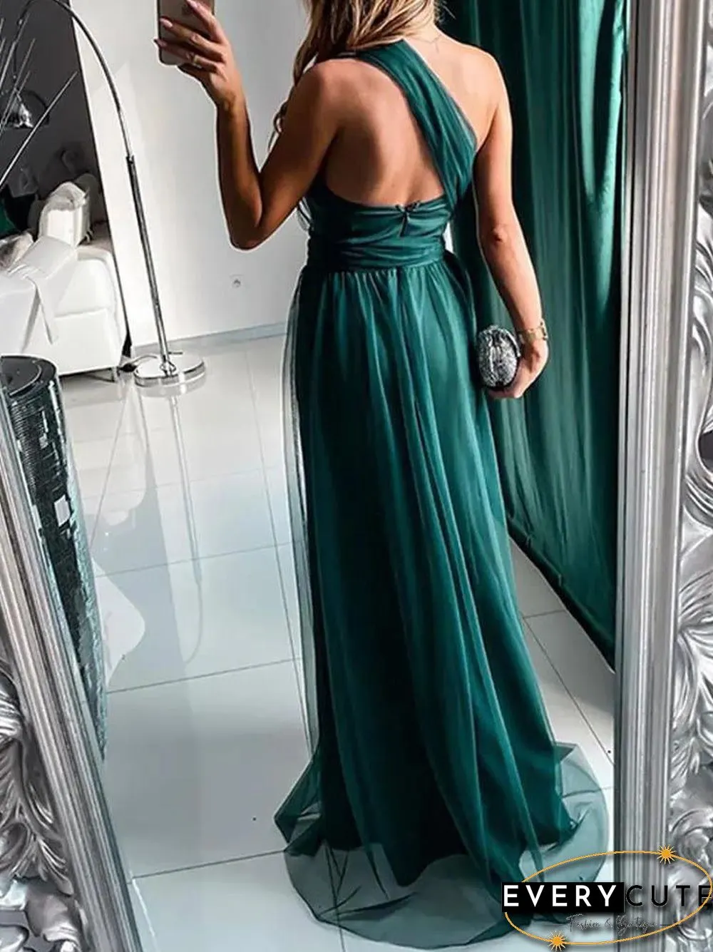 Women'S Dresses One-Shoulder Mesh Sleeveless Evening Dress