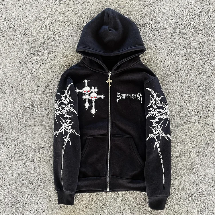 Gothic Cross Print Zippered Hooded Sweatshirt