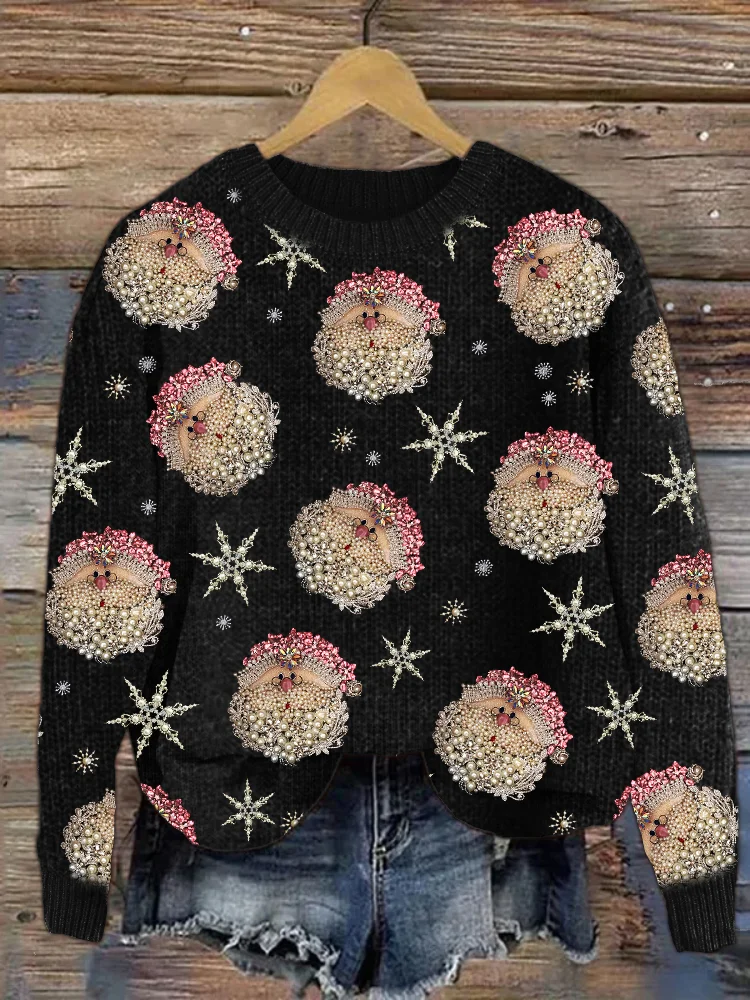 Christmas Pink Santa & Snowflake Jewelry Art Cozy Knit Sweater
