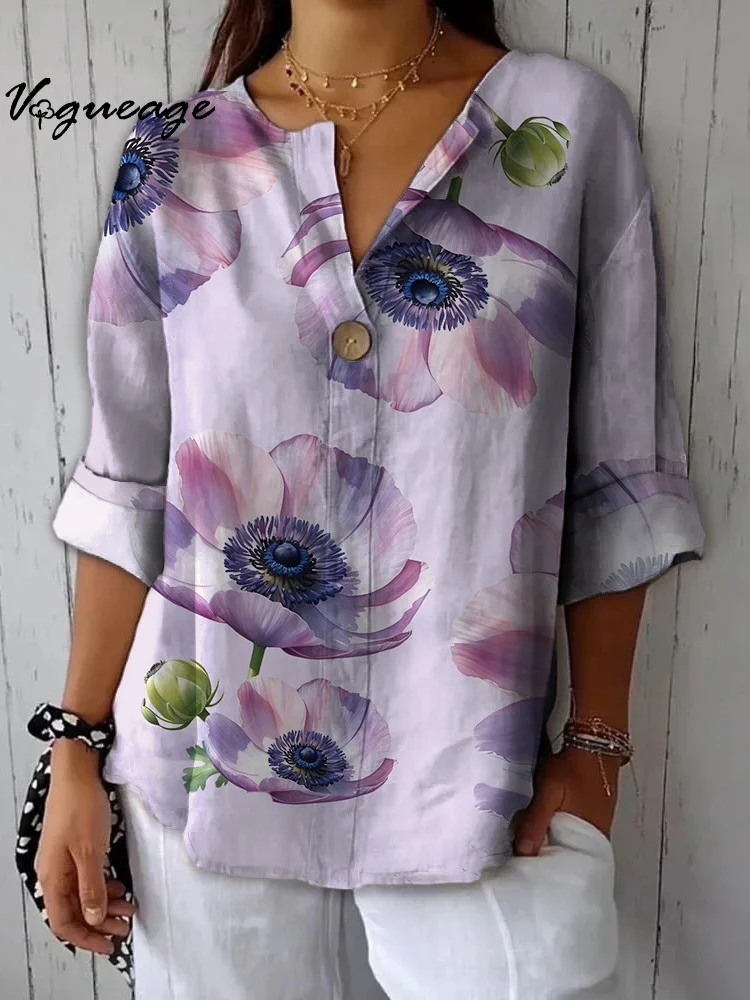 Generous Temperament And Versatile Flowers Printed Cotton And Linen Shirt
