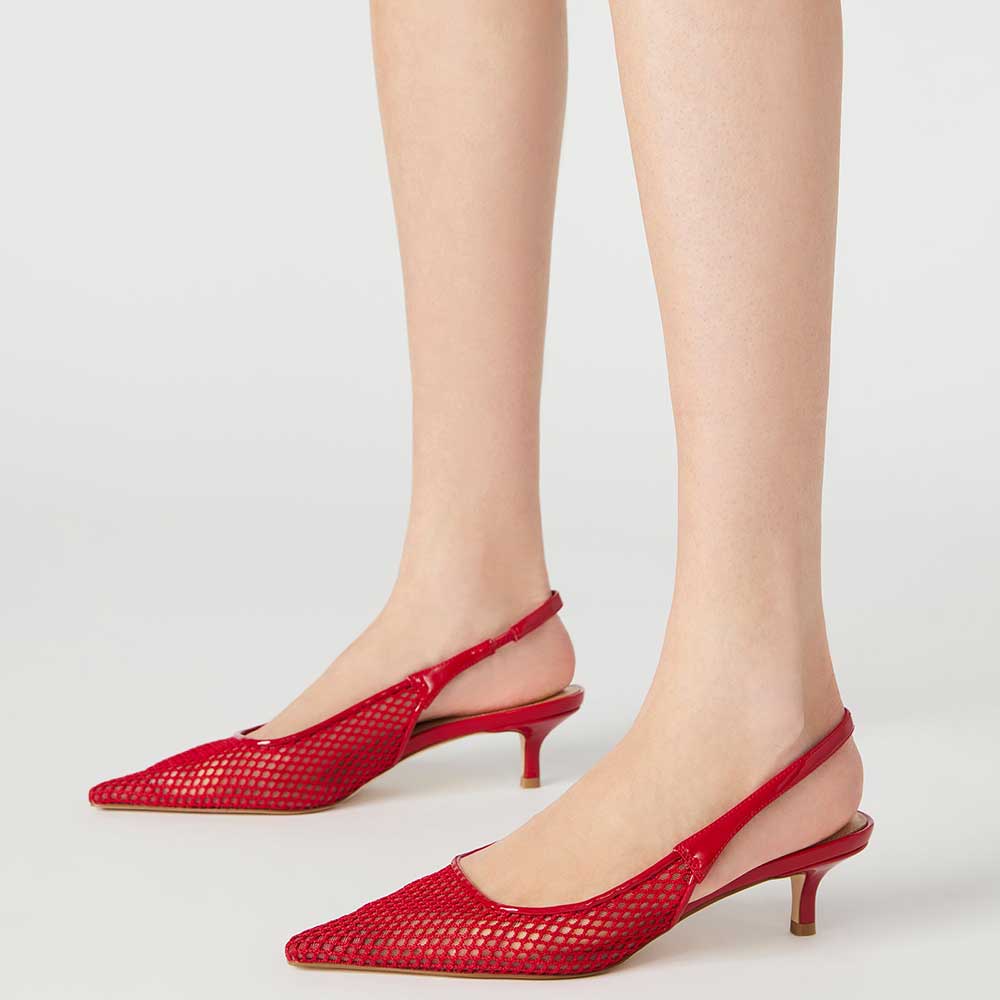 Red Mesh Sophisticated Pointed Toe Slingback Pumps with Kitten Heel Nicepairs