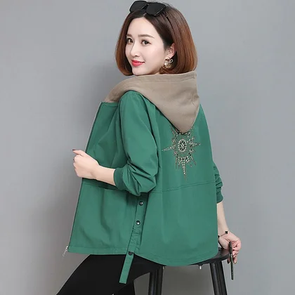 Fashion Spliced Zipper Shirring Printed Hooded Coats Women's Clothing 2025 Autumn Winter Loose Casual Tops Asymmetrical Jackets