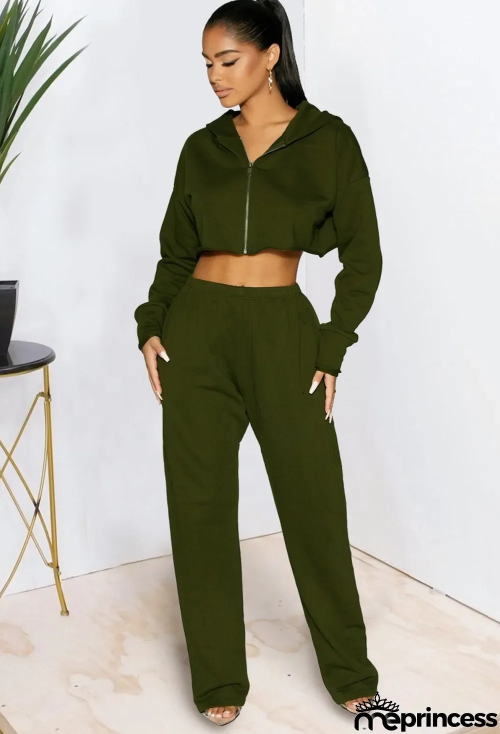 Winter Green Black Zip Loose Crop Hoodies and Sweatpants Two Piece Sweatsuits