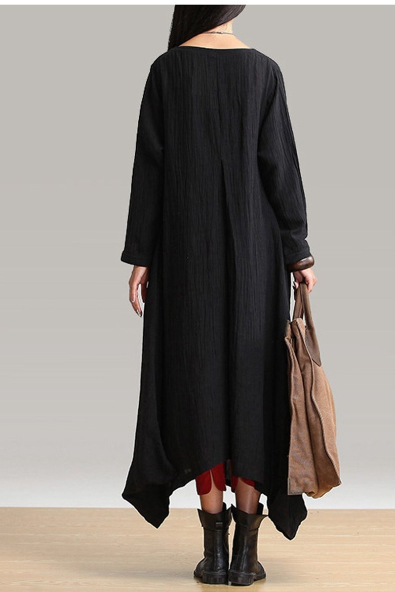 Fall Plus Size Maxi Black Linen Dress Q1656