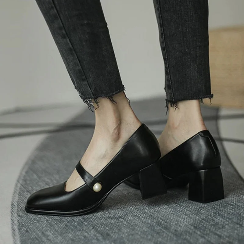 2021 New Fashion Women Shoes Square Toe Mary Janes Shoes Square Heel Dress Shoes Pearl Buckle Pumps High Heels Office Shoe 8557N