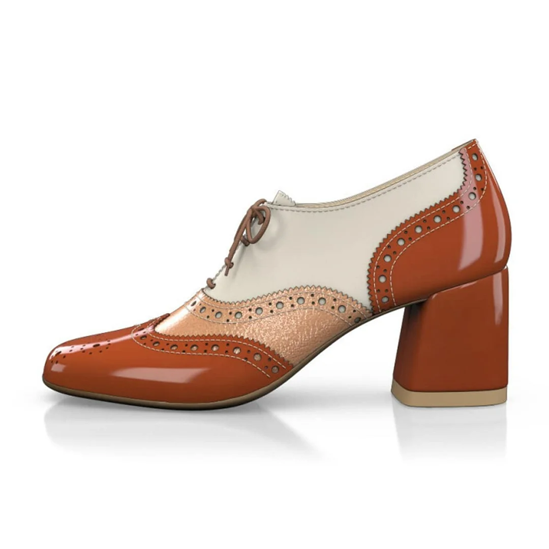 Brown and White Round Toe Perforated Lace-Up Oxford Shoes Women