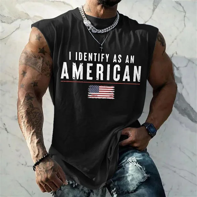 Men's I Identify As An American Print Round Neck Tank Top