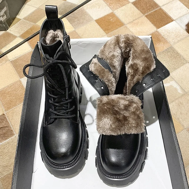 Vstacam Warm Short Plush Women Winter Shoes 2022 Black Womens Lace Up Platform Ankle Boots Pu Leather Thick Heel Motorcyle Shoes