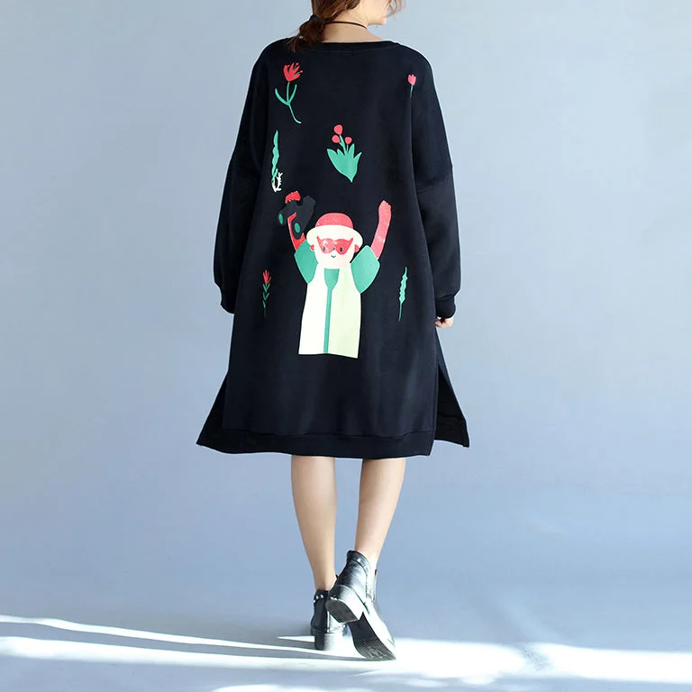 2021 winter black thick cotton dresses plus size prints long sleeve side open  casual shift dress