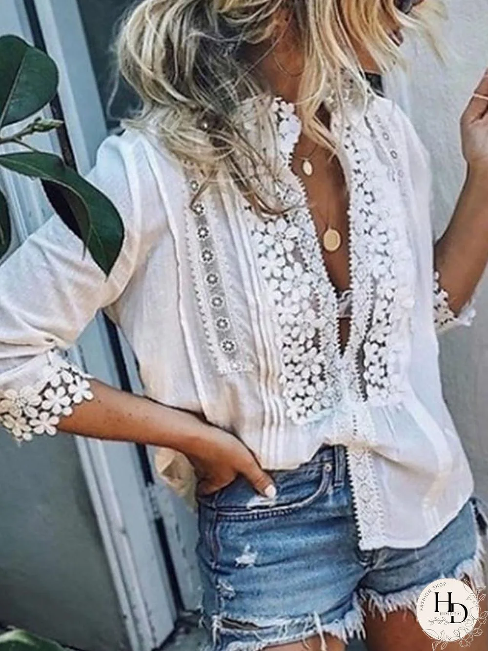 Women's Holiday Blouse Shirt Solid Colored Long Sleeve Lace Deep V Tops Lace Basic Top White Blue Blushing Pink-0207812