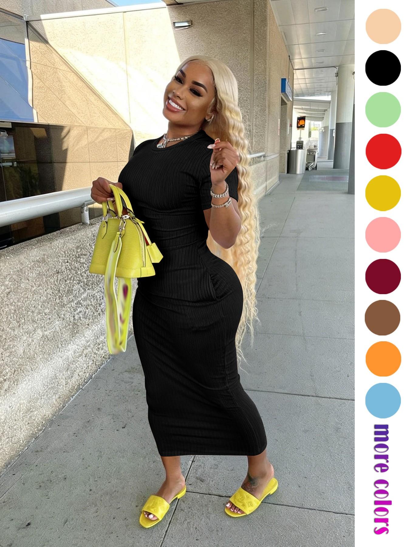 Threaded Elastic Solid Color Bodycon Dress, Breathable Elastic Party Outing Travel Pocket Long Dress, Summer Dress, Everyday Casual Wear, Womenswear
