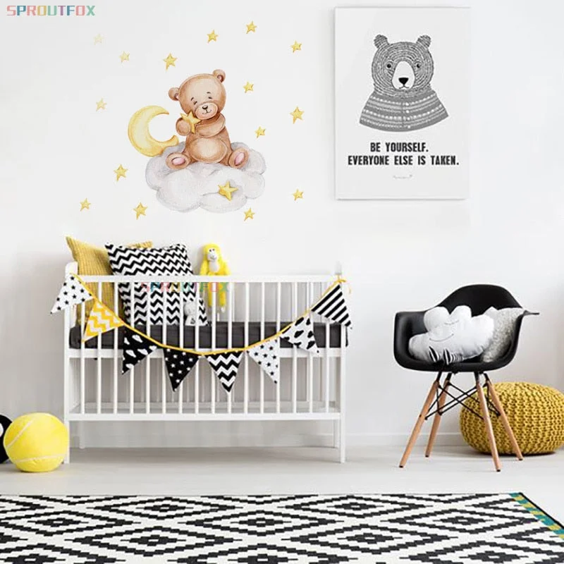 Baby Wall Sticker Bear with Stars Cartoon Animals Stickers Home Decor Living Room Berdroom Children Decorative Wall Decals