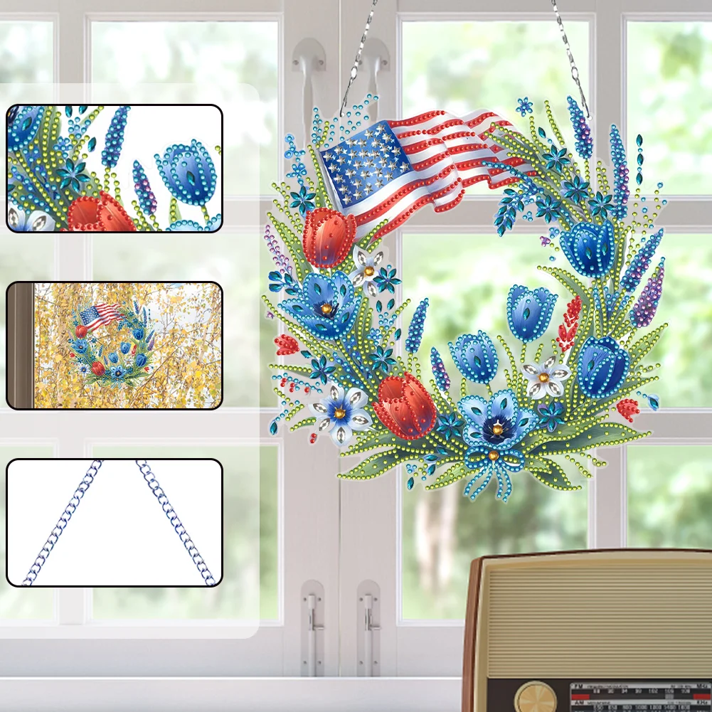 DIY Independence Day Wreath 5D Diamond Painting Dots Pendant for Window Wall