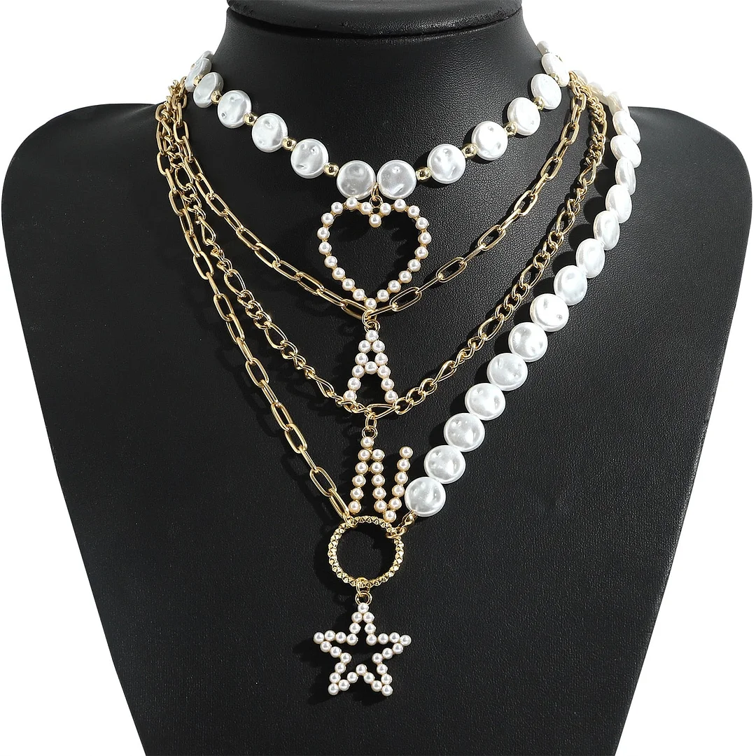 Dvacaman Retro Simple Pearl Letter Pendant Initial Necklace for Women Boho Statement Multi Layered Chunky Chain Necklace Jewelry