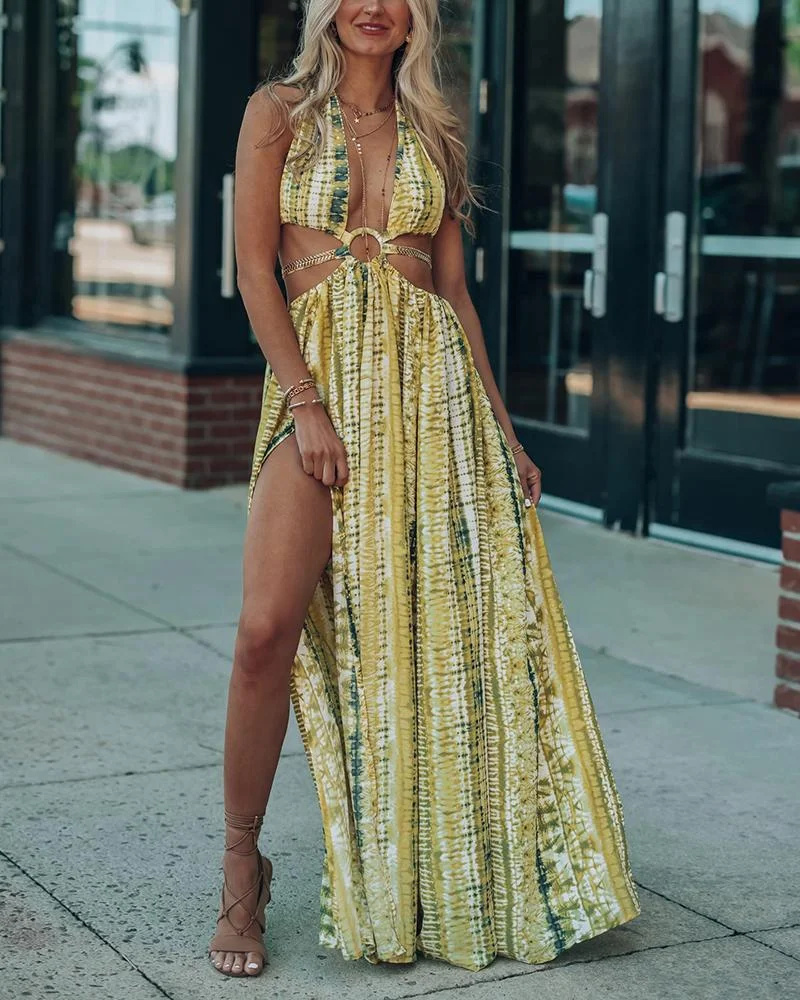 Sexy Deep V Neck Cutout Print Dress