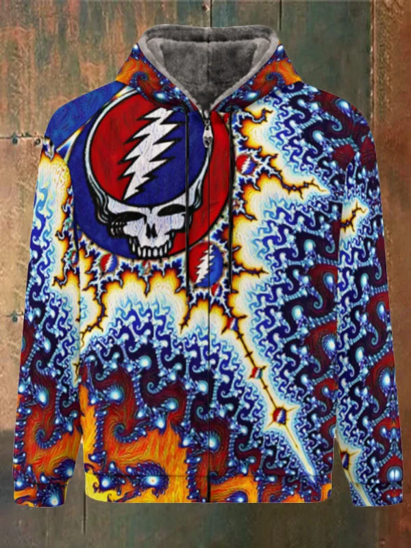 Unisex Skull Print Double Layer Fleece Zip-Up Hooded Jacket