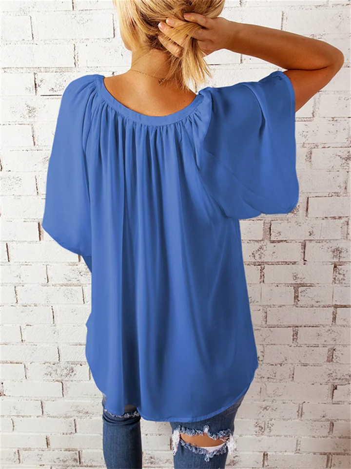 Summer Loose V-neck Tops Casual Women's T-shirt Chiffon Shirt-JRSEE