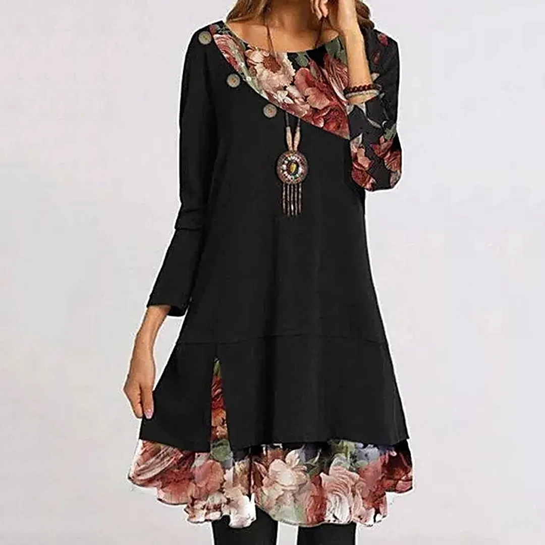 Autumn Vintage Flower Print A-Line Dress Women Elegant Patchwork Irregular Dress Casual O Neck Long Sleeves Dress