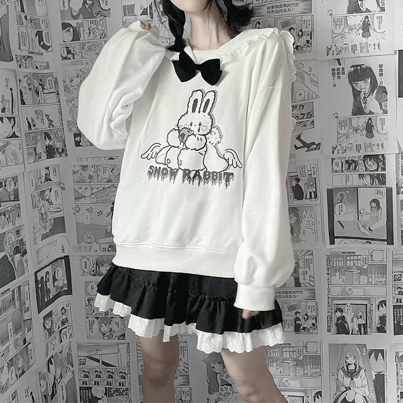 HOUZHOU Kawaii Cartoon White Hoodies Women Japanese Style Cute Bunny Print Sailor Collar Loose Sweatshirt Harajuku Pullovers
