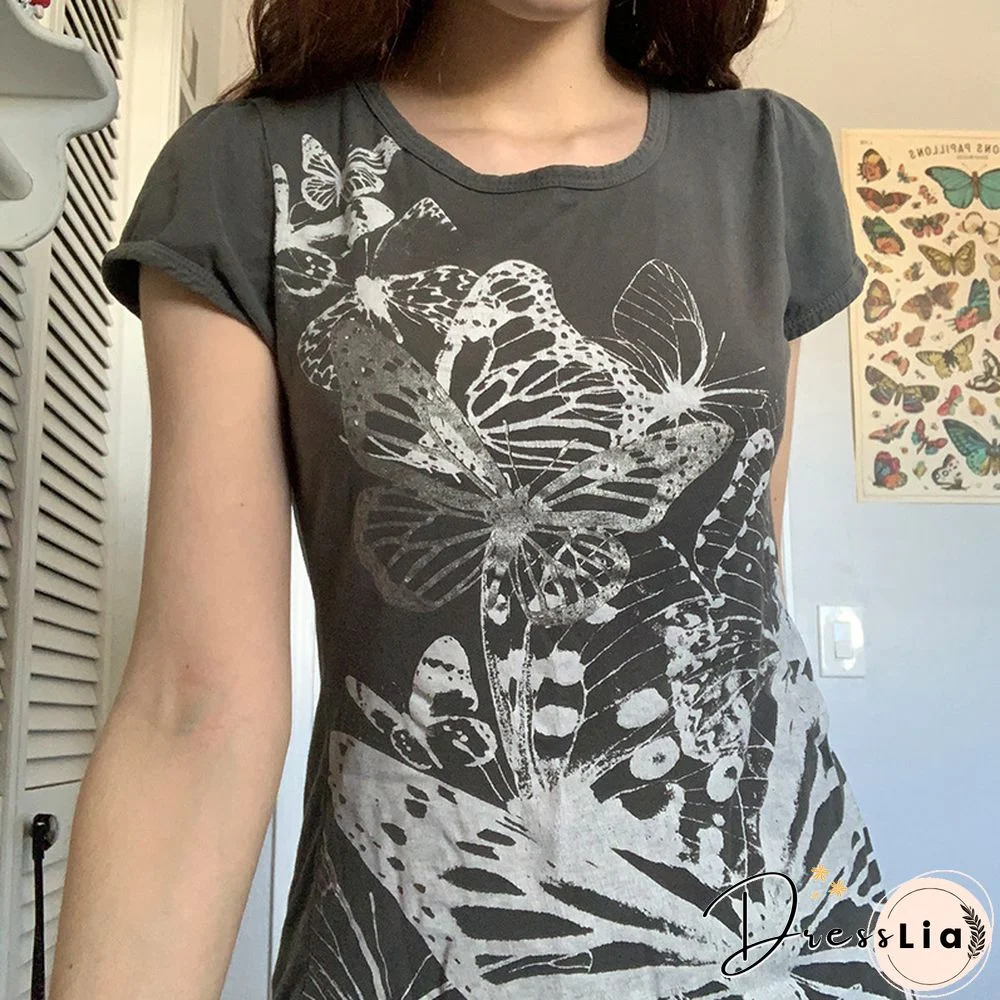 Butterfly Print Slim Cropped Round Neck Short-Sleeved Top