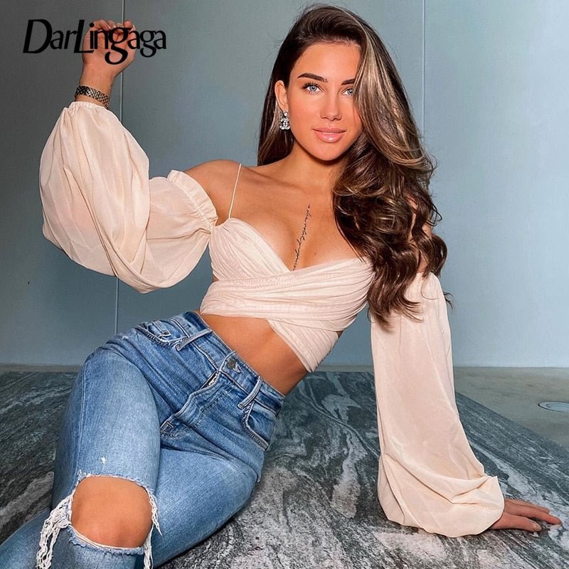 Darlingaga Fashion V Neck Off Shoulder Sexy Mesh Shirt Ladies Skinny Strap Wrap Cropped Tops Chic Summer Blouses Party Clothes