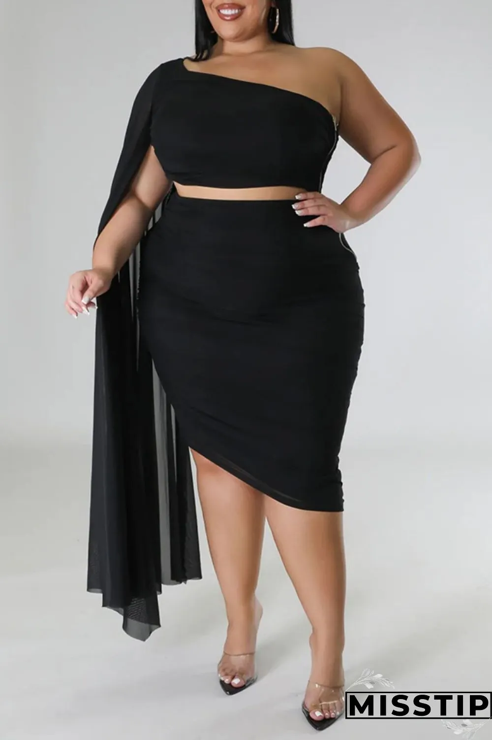 Blue Sexy Solid Patchwork Backless Oblique Collar Plus Size Two Pieces