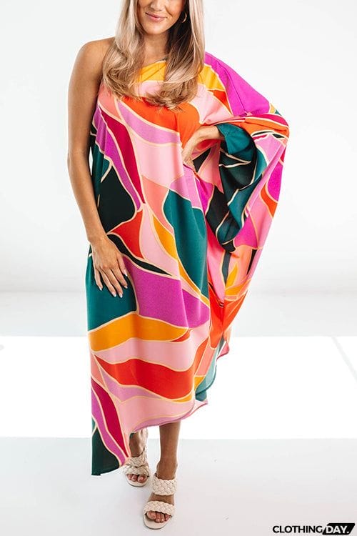 Multi Print Asymmetrical One Shoulder Dress