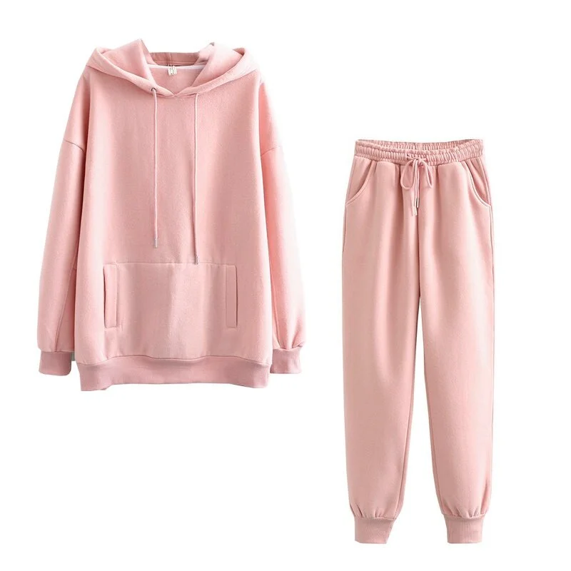 FTLZZ 2020 New Autumn Winter Women Thick Fleece 100% Cotton Suit 2 Pieces Sets Hoodies Sweatshirt and Pants Suits
