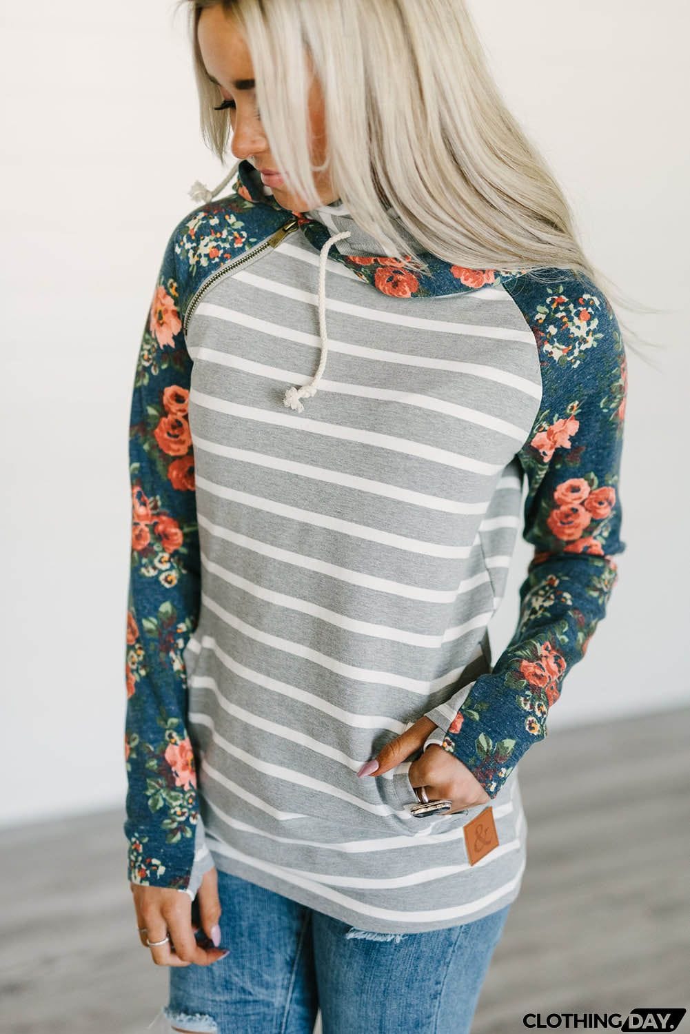 Striped Floral Print Long Sleeve Zipper Hoodie