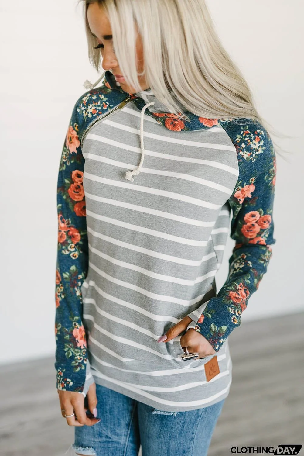 Striped Floral Print Long Sleeve Zipper Hoodie
