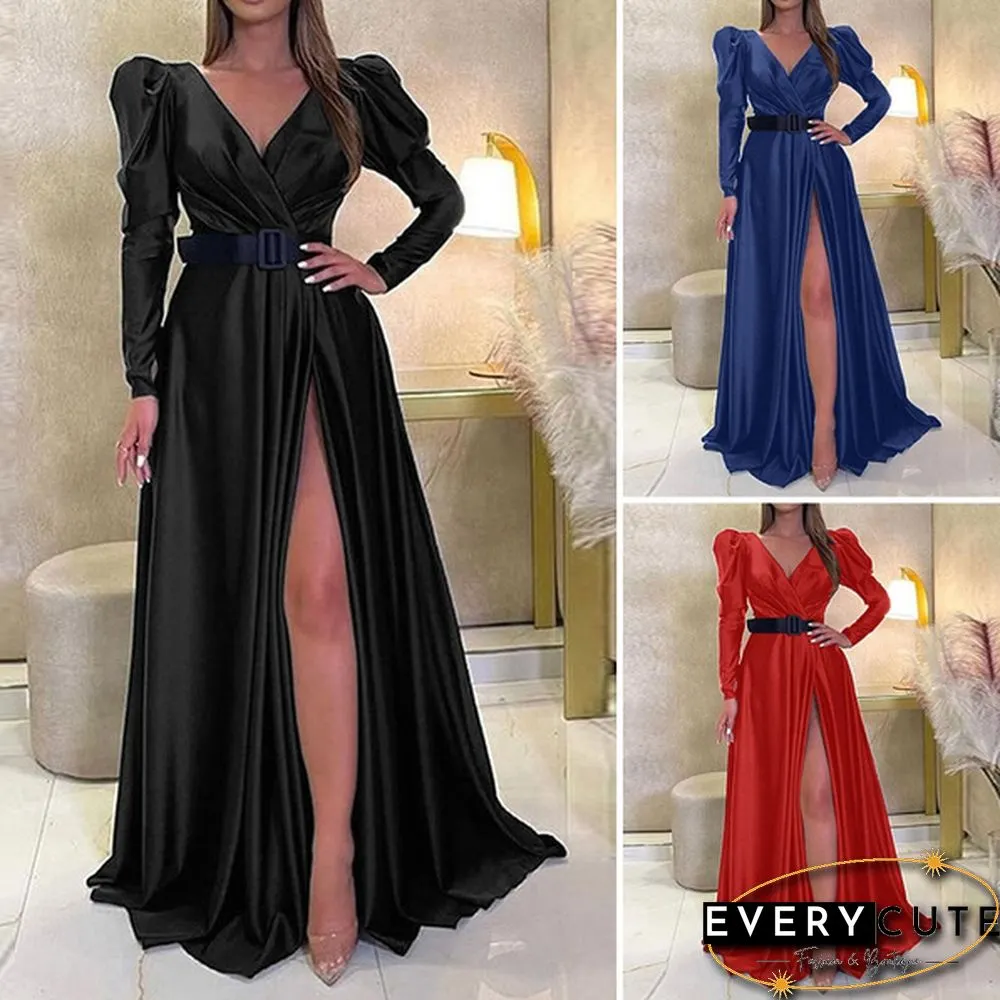 Womens V-Neck Cocktail Prom Sexy Kaftan Evening Split Silky Satin Maxi Dress Party Plus