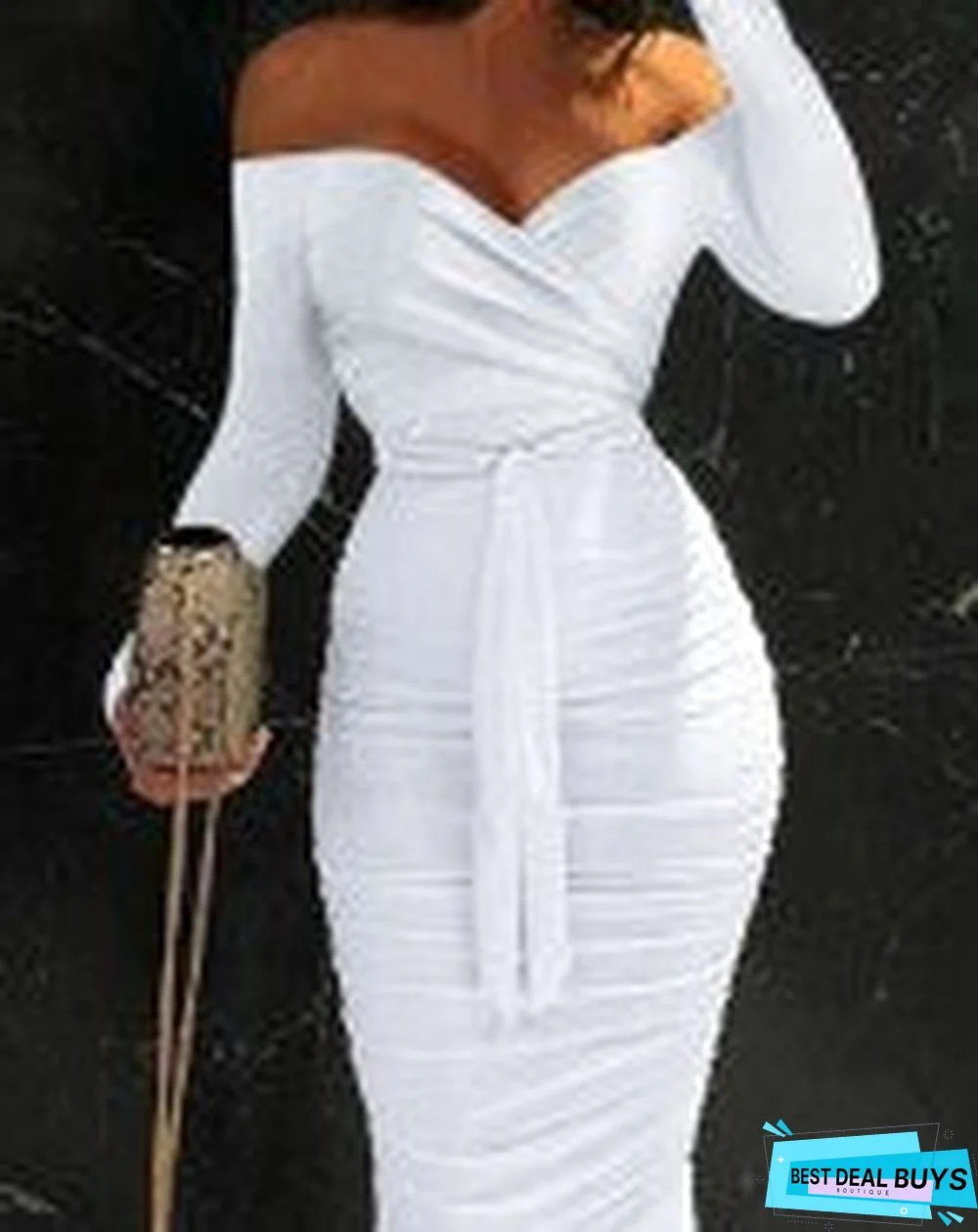 Off Shoulder Tied Detail Ruched Bodycon Dress White Dresses