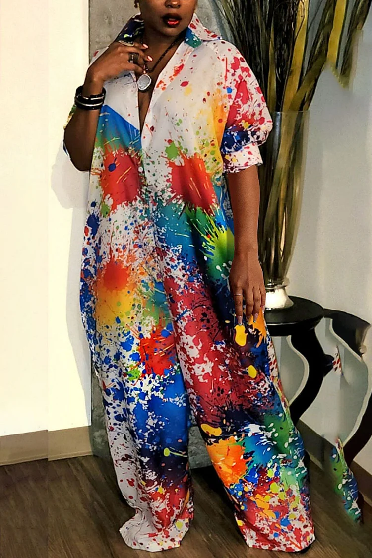 Ink Print V Neck Short Puff Sleeve Wide Leg Casual Jumpsuit