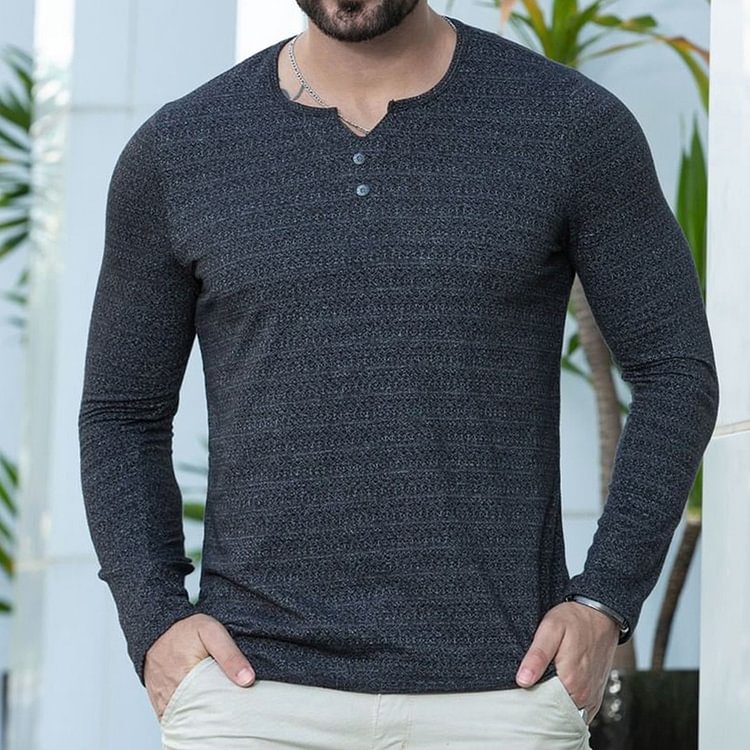 Men's Solid Color V-Neck Casual Slim Fit Long Sleeve T-shrit Top
