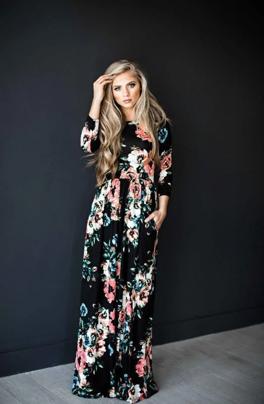 Uveng Summer Round Neck Flowers Print Long Sleeve Dress
