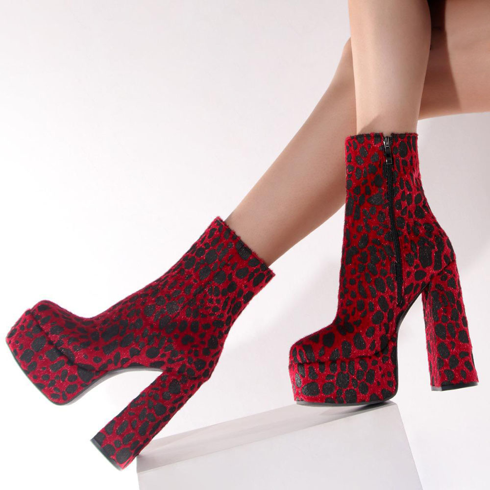 Red & Black Leopard Print Chunky Heel Sexy Platform Ankle Boots Nicepairs