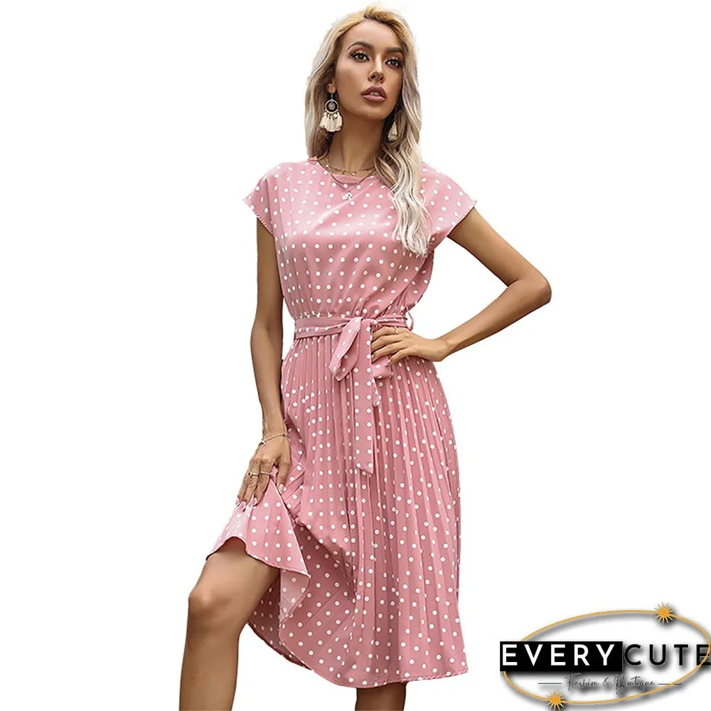 Pink Tie Waist Short Sleeve Casual Dress