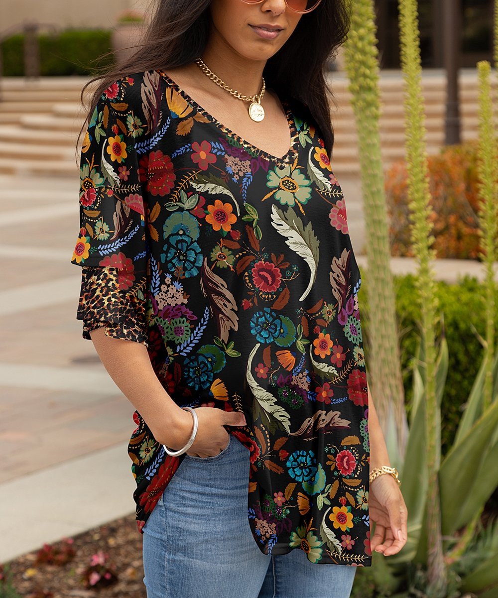 Black Multicolor Floral Leopard V-Neck Layered-Sleeve Tunic - Women & Plus