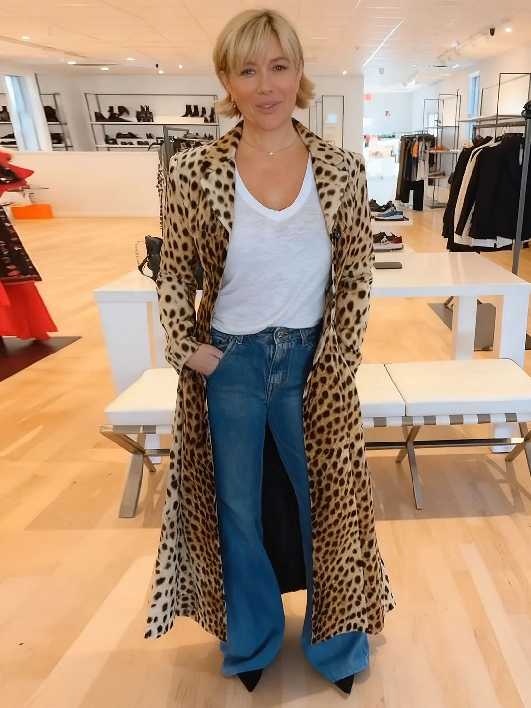 Athvotar Athvotar Autumn And Winter New Hot Women's Suit Collar Leopard Print Jacket Casual Long Wind Coat